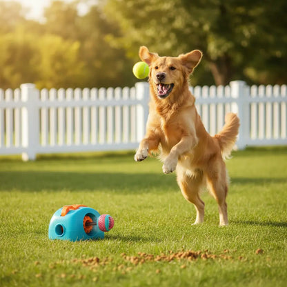 Dog catching ball from launcher